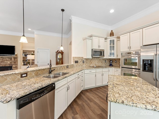 kitchen with stainless steel appliances, crown molding, a sink, and dark wood-type flooring