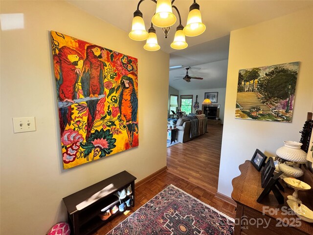 5A Hedgerose Ct, Asheville, NC 28805 - hallway with vaulted ceiling and a chandelier