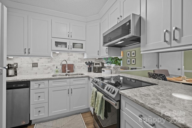 kitchen featuring a sink, white cabinets, light stone countertops, and stainless steel appliances