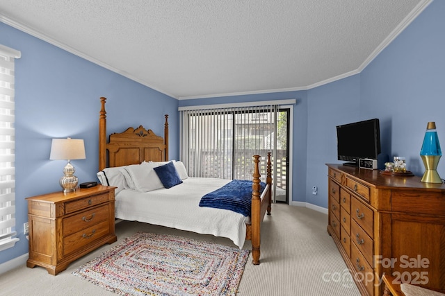 bedroom with crown molding, light carpet, and a textured ceiling