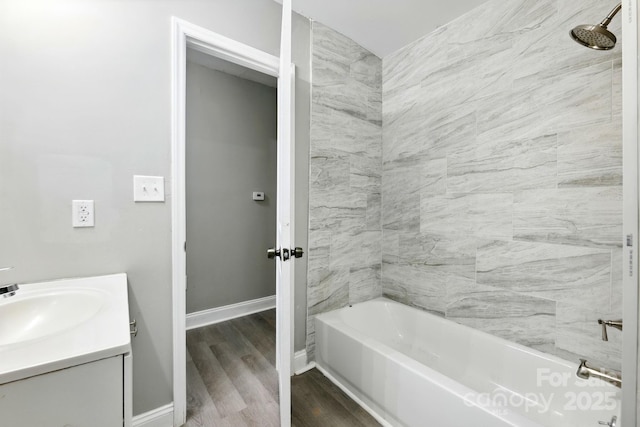 131 Little Forest Ln, Statesville, NC 28625 - full bathroom with vanity, baseboards, shower / bath combination, and wood finished floors