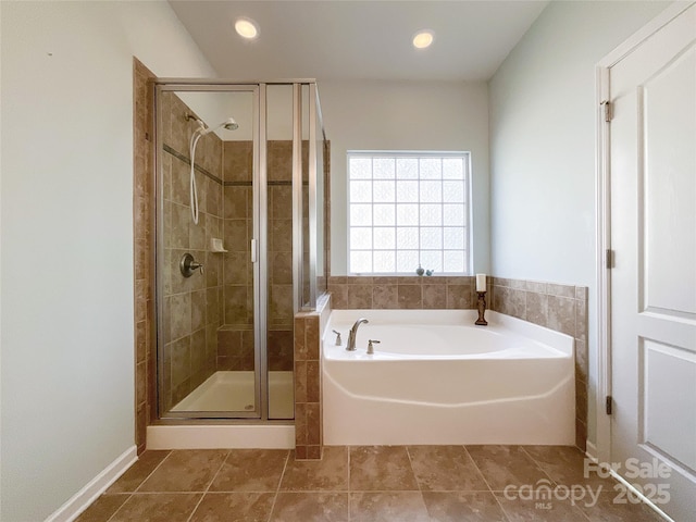 full bathroom with tile patterned flooring, a stall shower, recessed lighting, and a bath