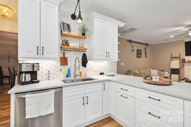 7700 Ninth Fairway Ln, Mint Hill, NC 28227 - kitchen featuring open shelves, a sink, light wood-style flooring, stainless steel dishwasher, and ornamental molding