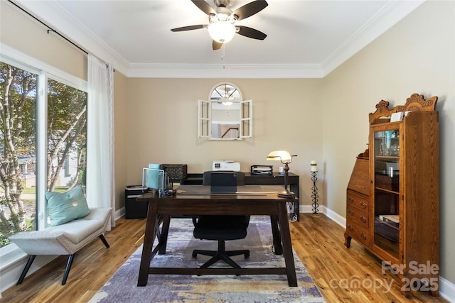 7700 Ninth Fairway Ln, Mint Hill, NC 28227 - office featuring baseboards, a ceiling fan, wood finished floors, and ornamental molding