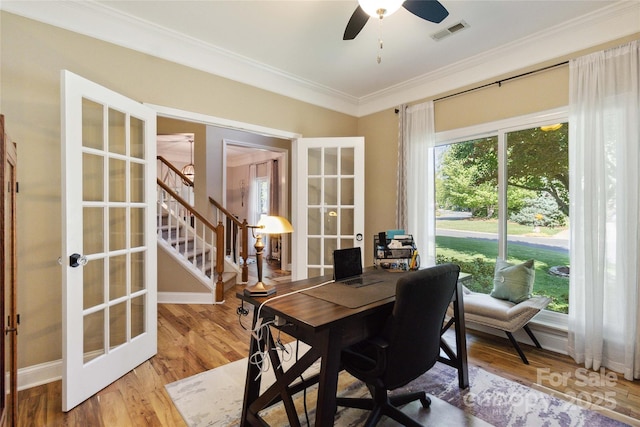 7700 Ninth Fairway Ln, Mint Hill, NC 28227 - office area with crown molding, visible vents, wood finished floors, french doors, and a ceiling fan