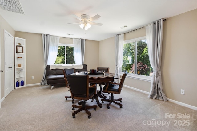 7700 Ninth Fairway Ln, Mint Hill, NC 28227 - office area featuring visible vents, a ceiling fan, a healthy amount of sunlight, and light colored carpet