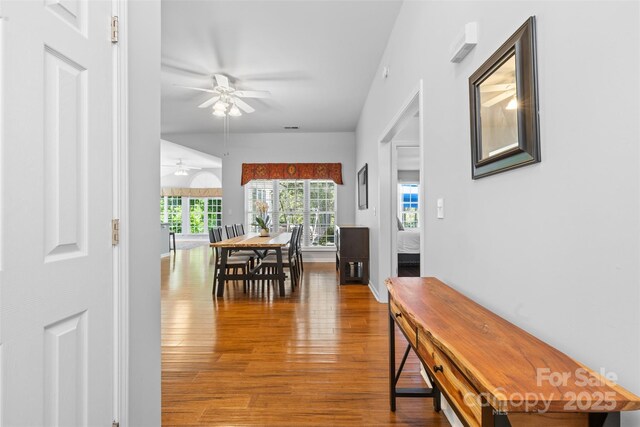 dining space featuring a ceiling fan and wood finished floors