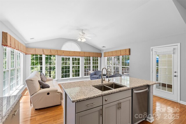 kitchen with gray cabinets, stainless steel dishwasher, vaulted ceiling, a sink, and open floor plan