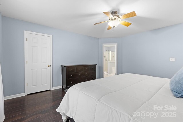 bedroom with wood-type flooring, baseboards, ceiling fan, and ensuite bathroom