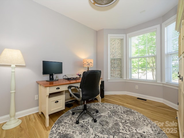10944 Persimmon Creek Dr, Mint Hill, NC 28227 - home office featuring baseboards, light wood finished floors, and visible vents