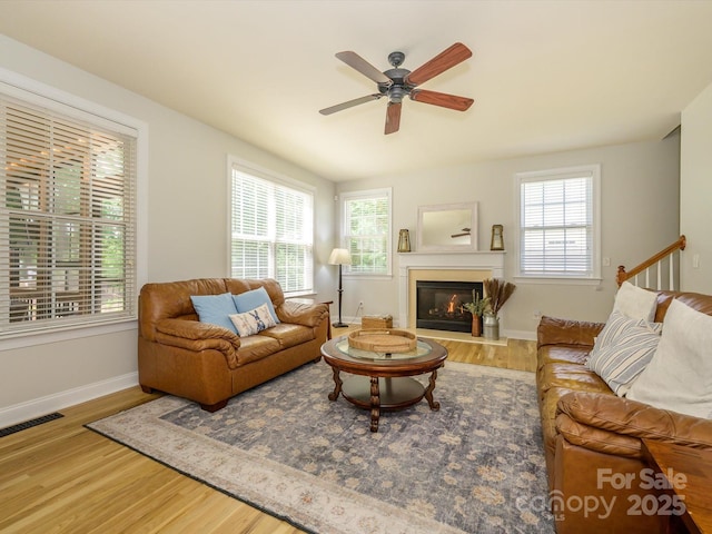 10944 Persimmon Creek Dr, Mint Hill, NC 28227 - living room featuring a ceiling fan, a healthy amount of sunlight, and wood finished floors