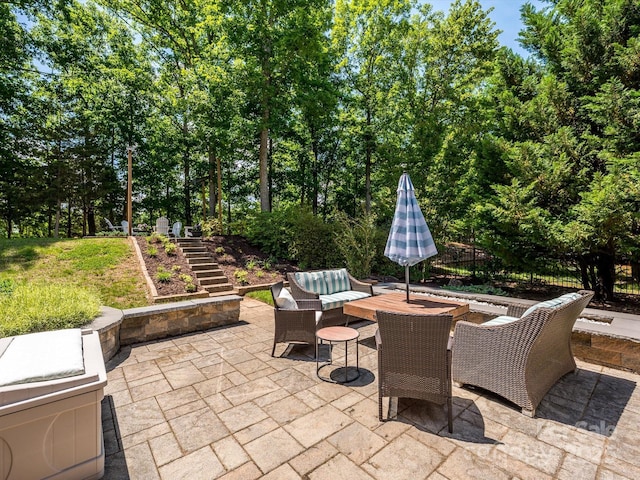 10944 Persimmon Creek Dr, Mint Hill, NC 28227 - view of patio featuring outdoor lounge area, fence, outdoor dining area, and stairway