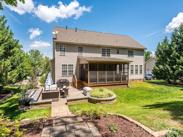10944 Persimmon Creek Dr, Mint Hill, NC 28227 - back of property with outdoor lounge area, a sunroom, a shingled roof, crawl space, and a lawn