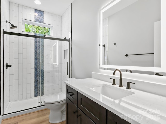 bathroom with wood finished floors, a stall shower, toilet, and vanity
