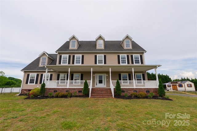 view of front of home with crawl space, covered porch, and a front lawn