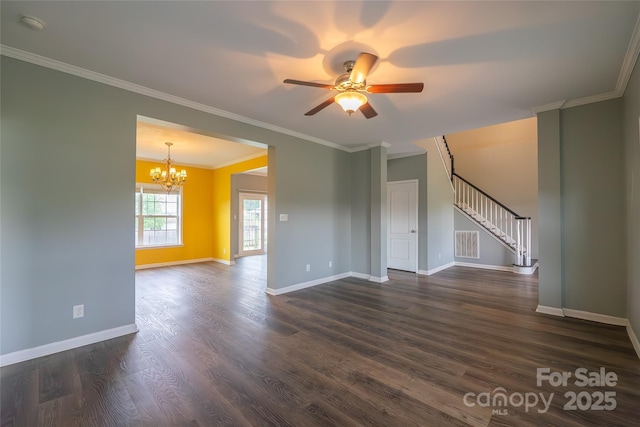 unfurnished living room with a chandelier, ceiling fan, dark wood-style floors, baseboards, and crown molding