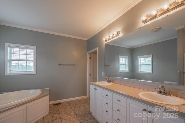 full bath featuring ornamental molding, double vanity, baseboards, a bath, and tile patterned floors