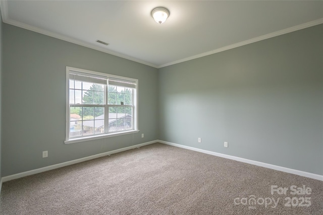 carpeted empty room with ornamental molding and baseboards