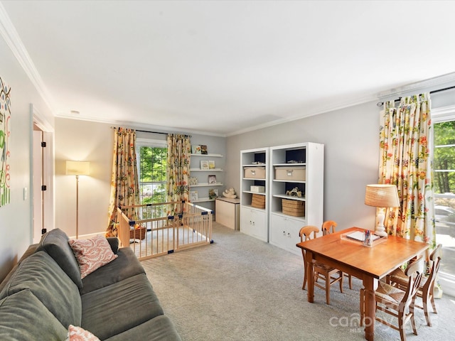 carpeted living area featuring crown molding and a healthy amount of sunlight
