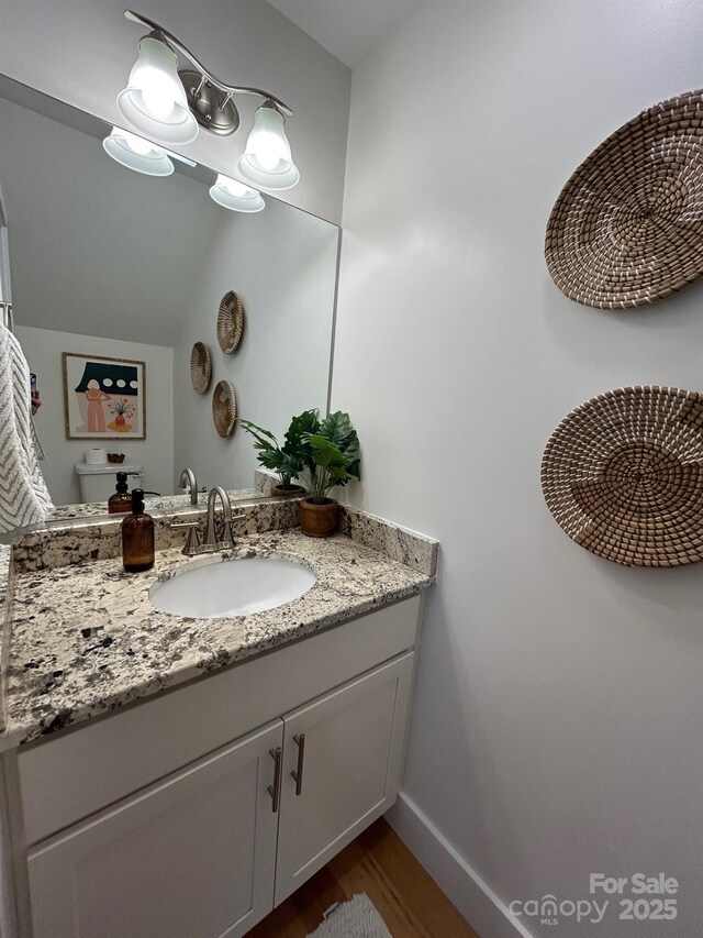 24 Wheeler Rd, Weaverville, NC 28787 - bathroom featuring vanity, wood finished floors, baseboards, and vaulted ceiling