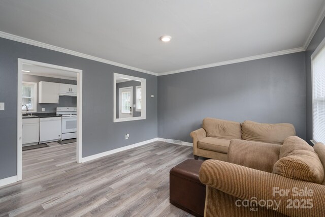 living area with baseboards, ornamental molding, a wealth of natural light, and light wood-type flooring
