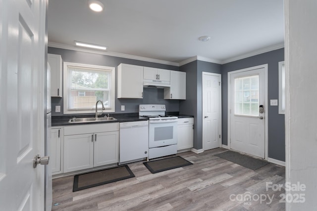kitchen with white cabinets, dark countertops, a sink, light wood finished floors, and white appliances