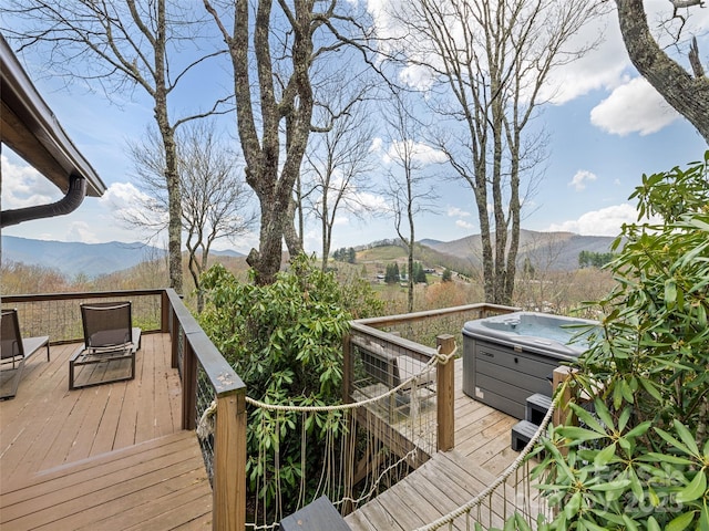 96 Evergreen Galax Ln, Maggie Valley, NC 28751 - wooden terrace featuring a hot tub and a mountain view