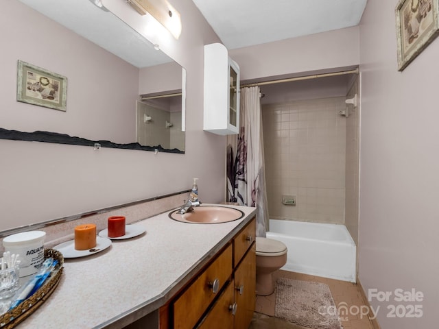 bathroom featuring vanity, tile patterned flooring, toilet, and shower / tub combo with curtain