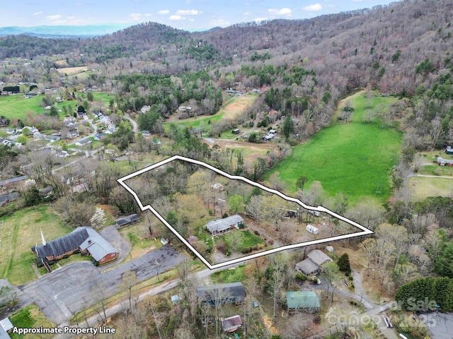 drone / aerial view featuring a wooded view and a mountain view