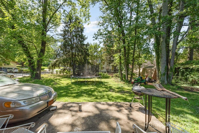 view of yard featuring fence, a trampoline, and a patio