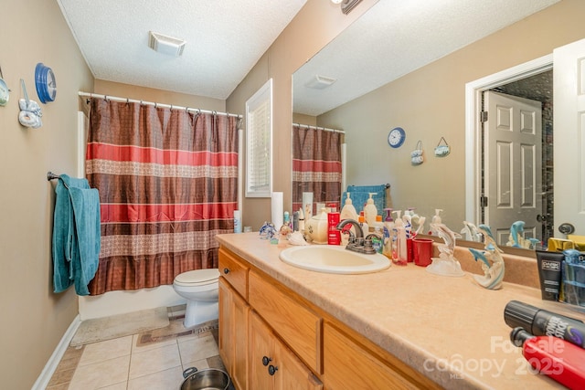 full bathroom with tile patterned flooring, vanity, toilet, baseboards, and visible vents