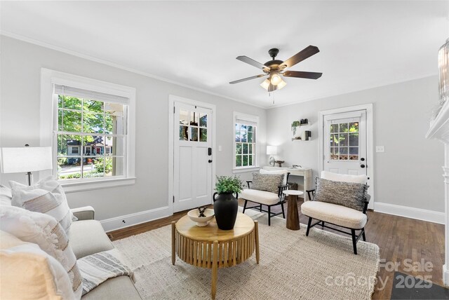living room featuring a ceiling fan, baseboards, ornamental molding, and wood finished floors