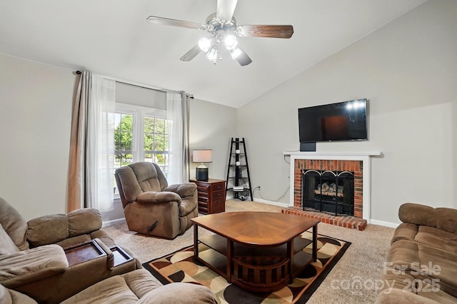 2379 Whitley Rd, Fort Mill, SC 29708 - living room with carpet flooring, a ceiling fan, vaulted ceiling, baseboards, and a brick fireplace