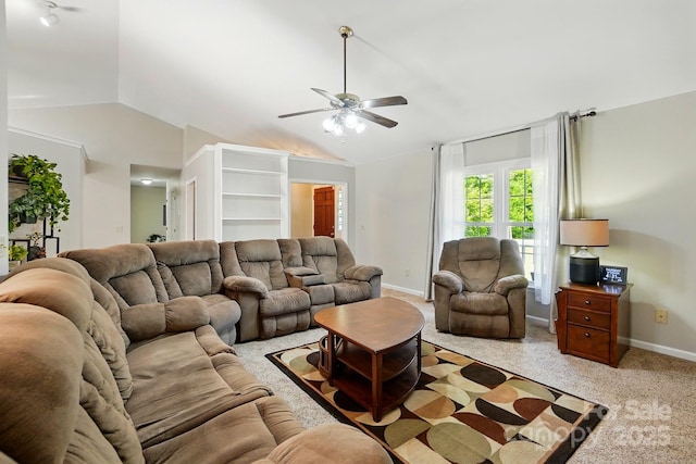 2379 Whitley Rd, Fort Mill, SC 29708 - living room featuring lofted ceiling, a ceiling fan, light carpet, and baseboards