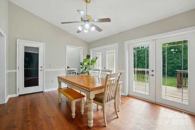 2379 Whitley Rd, Fort Mill, SC 29708 - dining area with french doors, lofted ceiling, wood finished floors, a ceiling fan, and baseboards