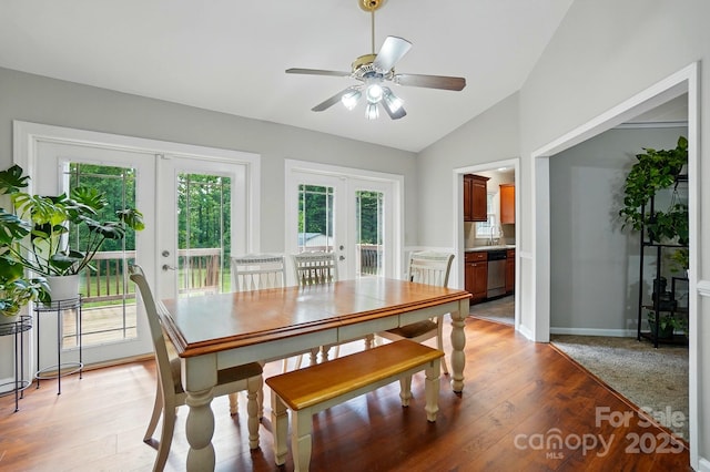2379 Whitley Rd, Fort Mill, SC 29708 - dining space with french doors, ceiling fan, vaulted ceiling, light wood finished floors, and baseboards