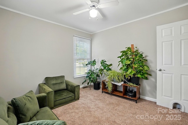 2379 Whitley Rd, Fort Mill, SC 29708 - sitting room featuring crown molding, a ceiling fan, carpet floors, and baseboards