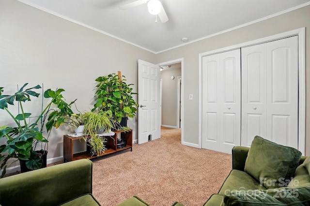2379 Whitley Rd, Fort Mill, SC 29708 - sitting room featuring crown molding, carpet floors, a ceiling fan, and baseboards