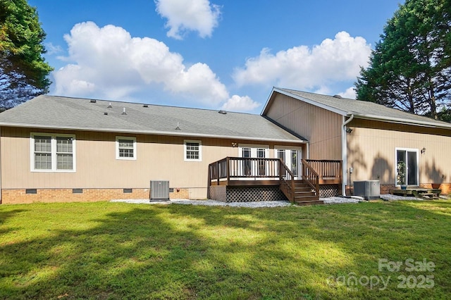 2379 Whitley Rd, Fort Mill, SC 29708 - rear view of house featuring crawl space, a wooden deck, a yard, and central AC