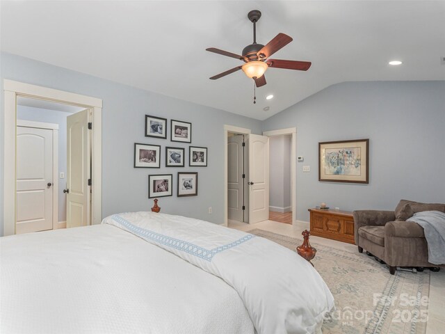 bedroom with recessed lighting, a ceiling fan, baseboards, and vaulted ceiling