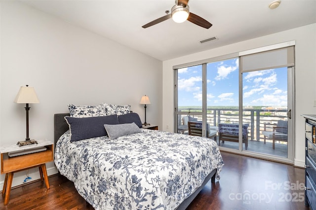 bedroom featuring access to outside, a ceiling fan, vaulted ceiling, visible vents, and dark wood-style floors