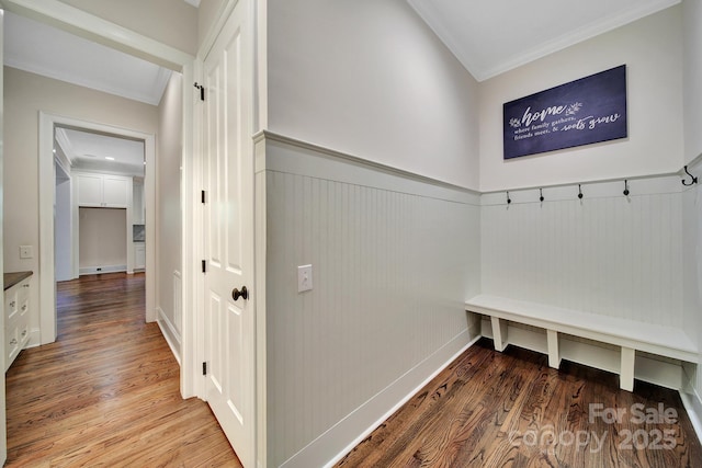 128 Spears Creek Dr, Mooresville, NC 28117 - mudroom with crown molding, wood finished floors, and wainscoting