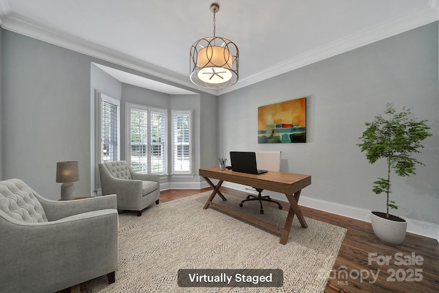 128 Spears Creek Dr, Mooresville, NC 28117 - office area with baseboards, ornamental molding, and wood finished floors