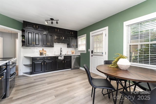 kitchen with light countertops, dark cabinets, appliances with stainless steel finishes, and light wood finished floors