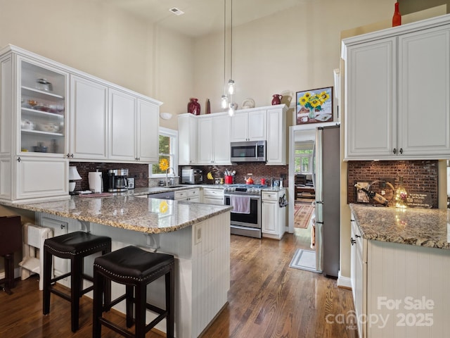 kitchen featuring a towering ceiling, dark wood-style floors, a peninsula, stainless steel appliances, and white cabinetry