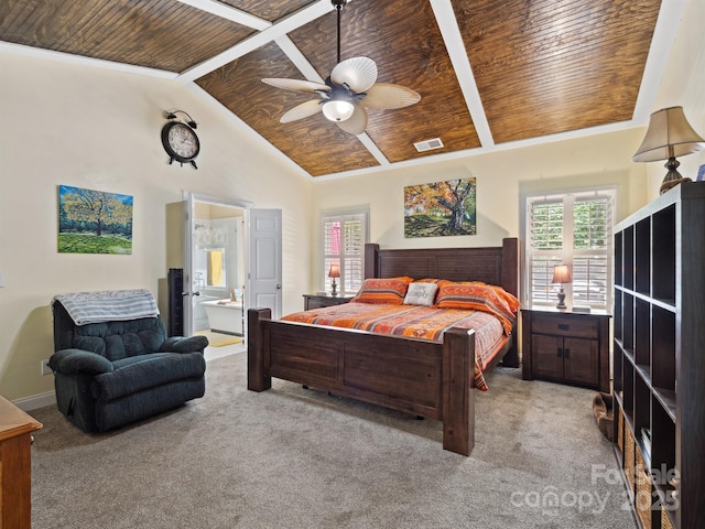 bedroom with wooden ceiling, light carpet, and visible vents