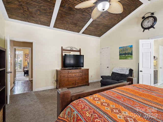 carpeted bedroom featuring wooden ceiling, baseboards, vaulted ceiling, and ceiling fan