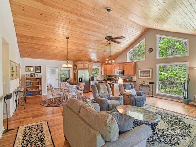 living area featuring wood ceiling, light wood-type flooring, high vaulted ceiling, baseboards, and ceiling fan with notable chandelier