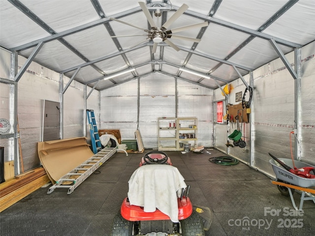 garage featuring a ceiling fan