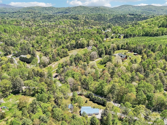 aerial view featuring a wooded view and a mountain view